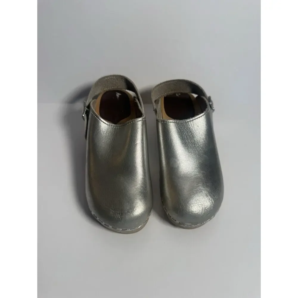 Vollsjo Sweden Silver Leather Wooden Slingback Clogs Girls EU 31 US 13